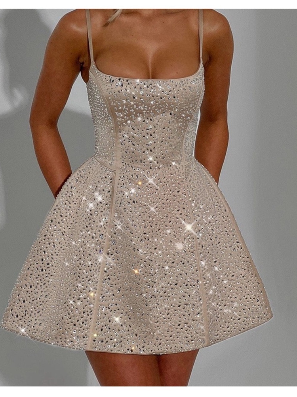 Baby boo Crystal-Embellished Nude Mini Dress with Spaghetti Straps